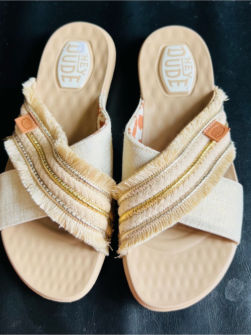 Hey Dude Women's Beige Slide Sandals with Gold Trim and Fringe